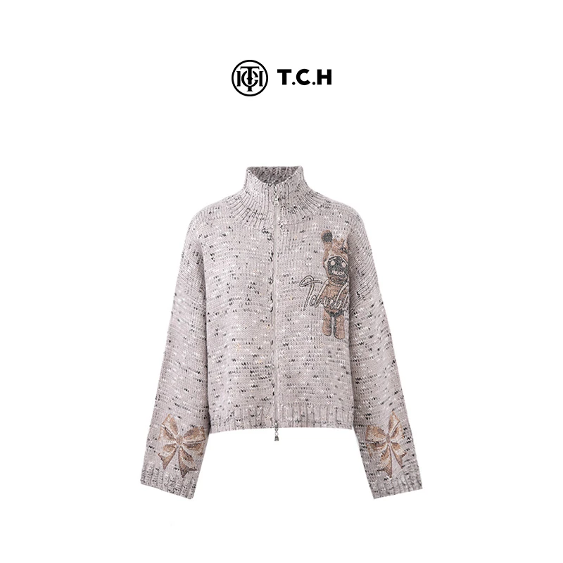 私服-TCH老钱风针织外套拉链款开衫小熊烫钻T72C43E5043