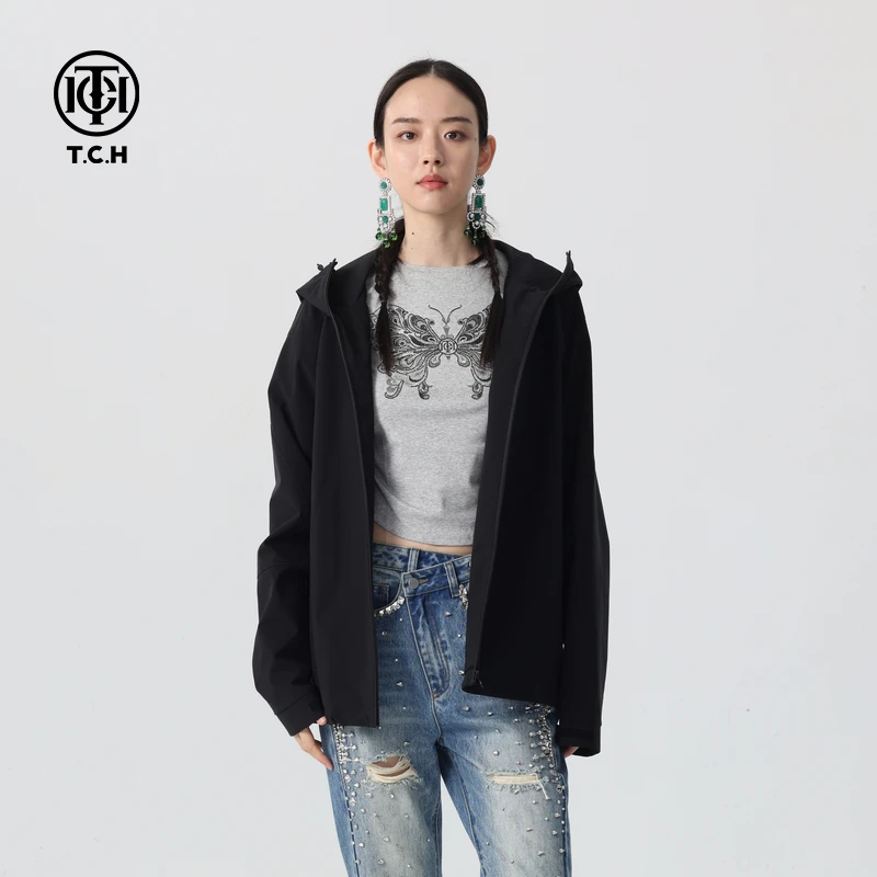 爆款-TCH冲锋衣夹克外套2025烫钻翅膀连帽工装外套T72C276101