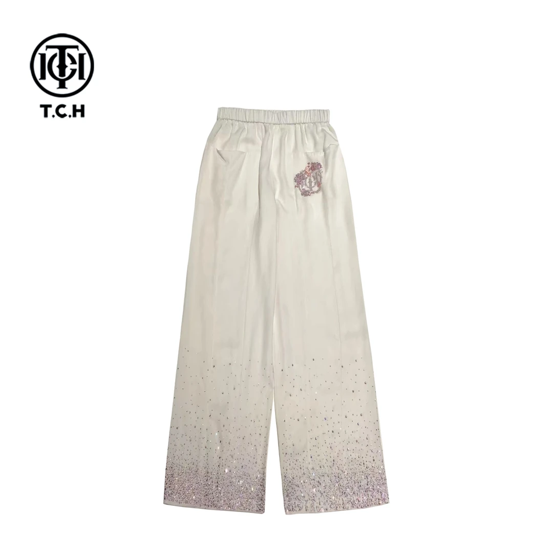 TCH潮牌新中式新烫钻炸街时尚直筒洋气轻奢白色长裤T72B20E9012