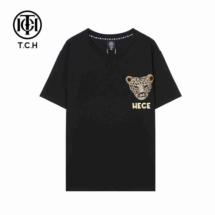 包头-潮牌烫钻豹头简约黑色T恤T66C106092