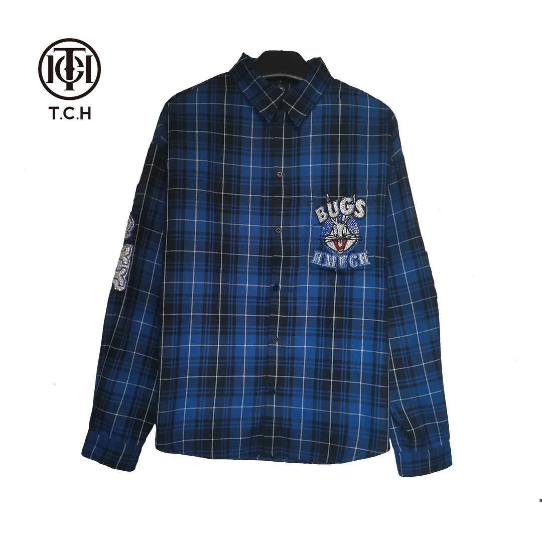 奥莱-潮牌字母烫钻休闲百搭宽松经典四季蓝格子衬衫T66C13E6001