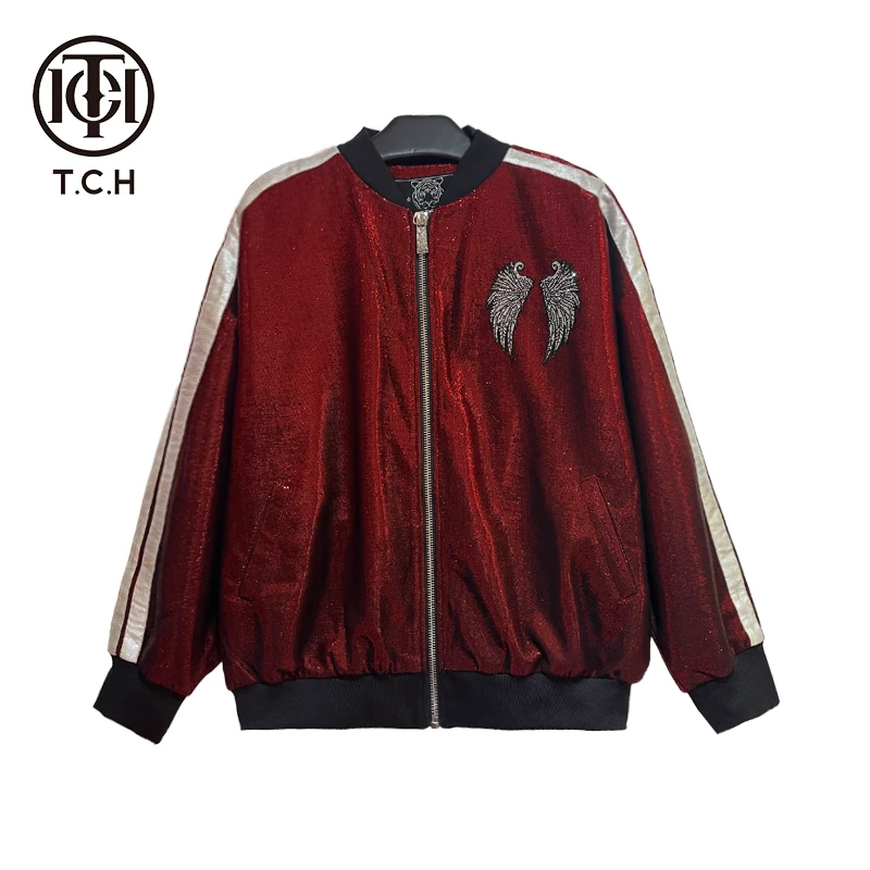 TCH轻奢烫钻工艺翅膀红色亮丝拉链式短夹克男T69C16E6005私服tch