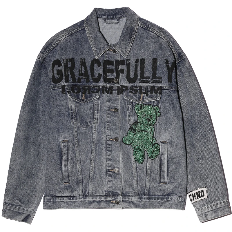 TCH轻奢烫钻工艺小熊翅膀复古情侣款牛仔外套T66A068105私服tch