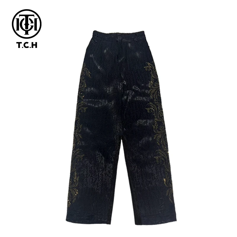TCH-潮牌花藤满钻时尚新中式提花洋气醋酸黑色阔腿裤T72A20E9005