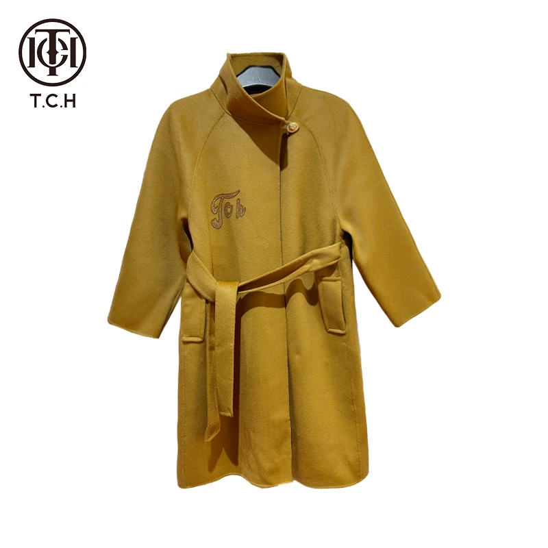 潮牌-TCH重工翅膀烫钻气质高级驼色双面呢大衣外套T72A28E6001