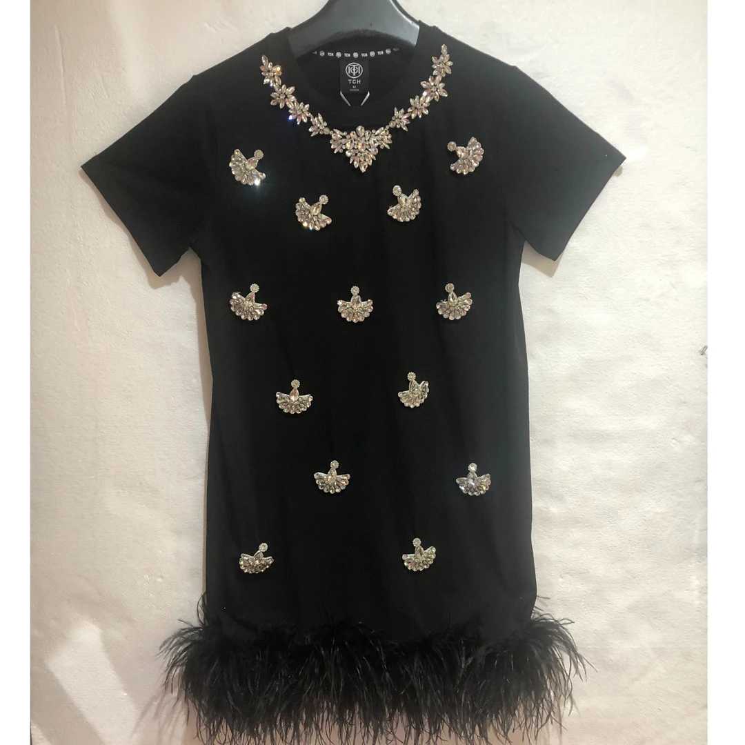 TCH-时尚潮牌手工镶钻精致洋气毛毛夏季连衣裙T72B30E6042