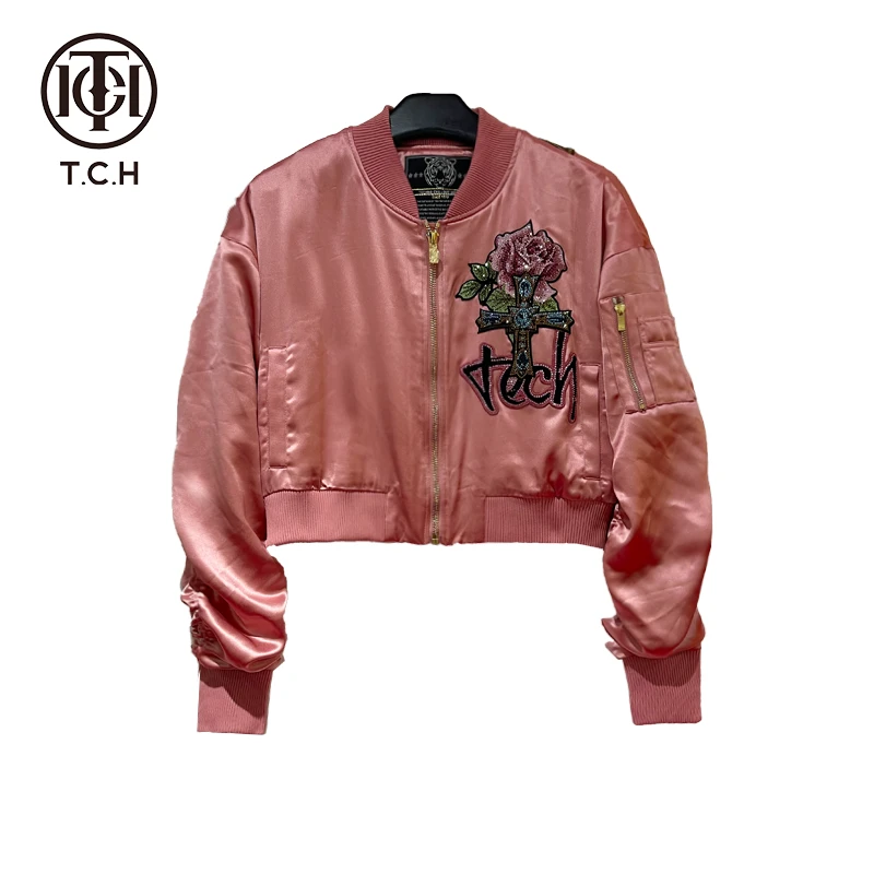 TCH潮牌链条花卉重工烫钻粉色棒球领时尚短款夹克外套T66C16E6002