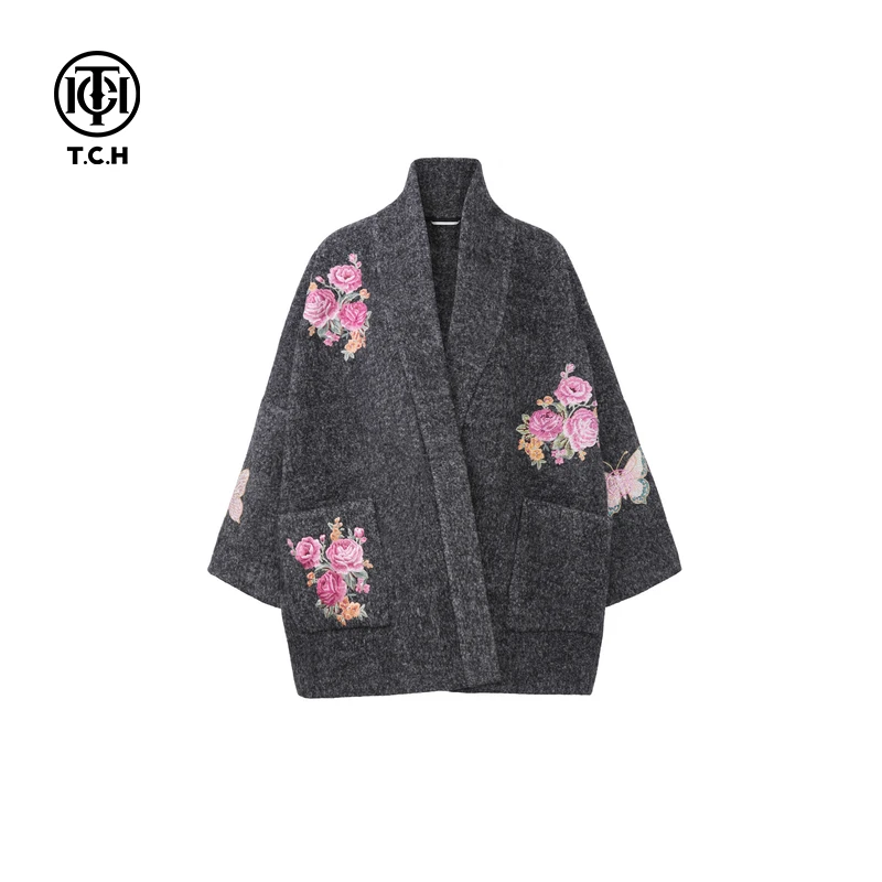 轻奢-TCH烫钻慵懒宽松洋气羊驼毛外套女装羊毛呢子大衣T72D286016