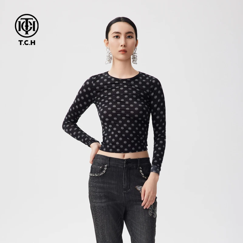 潮牌-TCH24秋季新款满印LOGO修身长袖T恤短款打底衫T72C026011