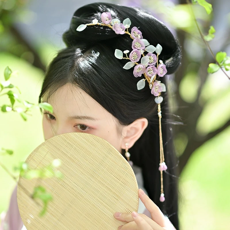 汉服头饰绢纱梅花边夹软枝仙气花朵流苏发夹古装配饰新娘发饰古风