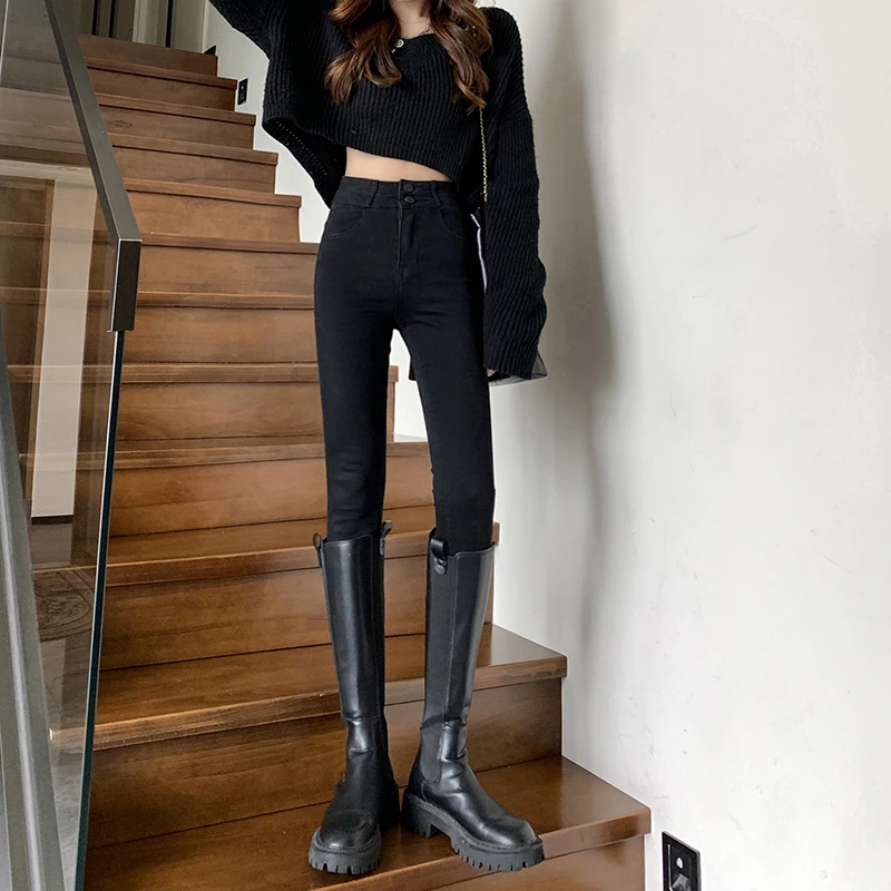 珊璞高腰黑色紧身牛仔裤女款2025年秋冬新款修身显瘦小脚铅笔裤子