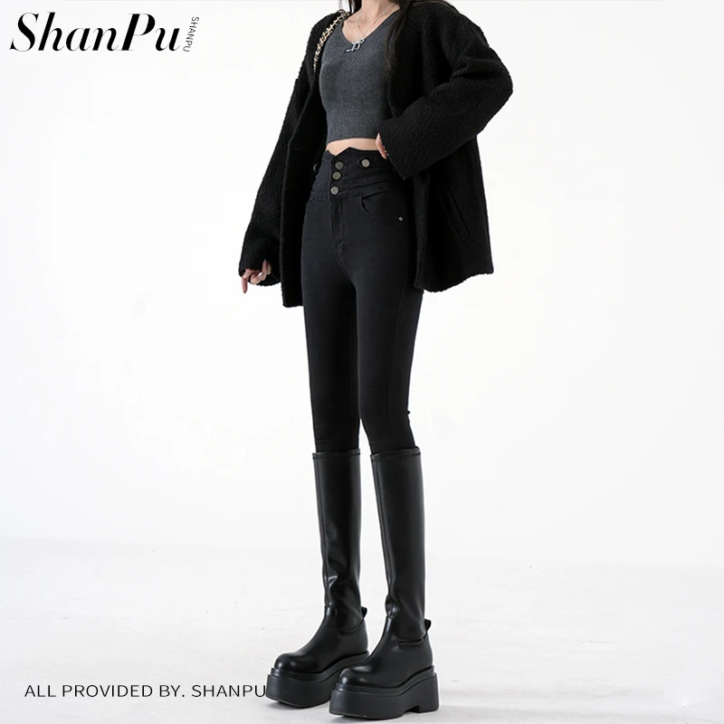 珊璞超高腰牛仔裤女2025年秋冬新款排扣小脚显瘦紧身修身铅笔裤子