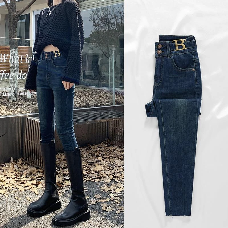 高腰小脚牛仔裤女2024年春夏新款复古蓝修身显瘦紧身毛边铅笔裤子