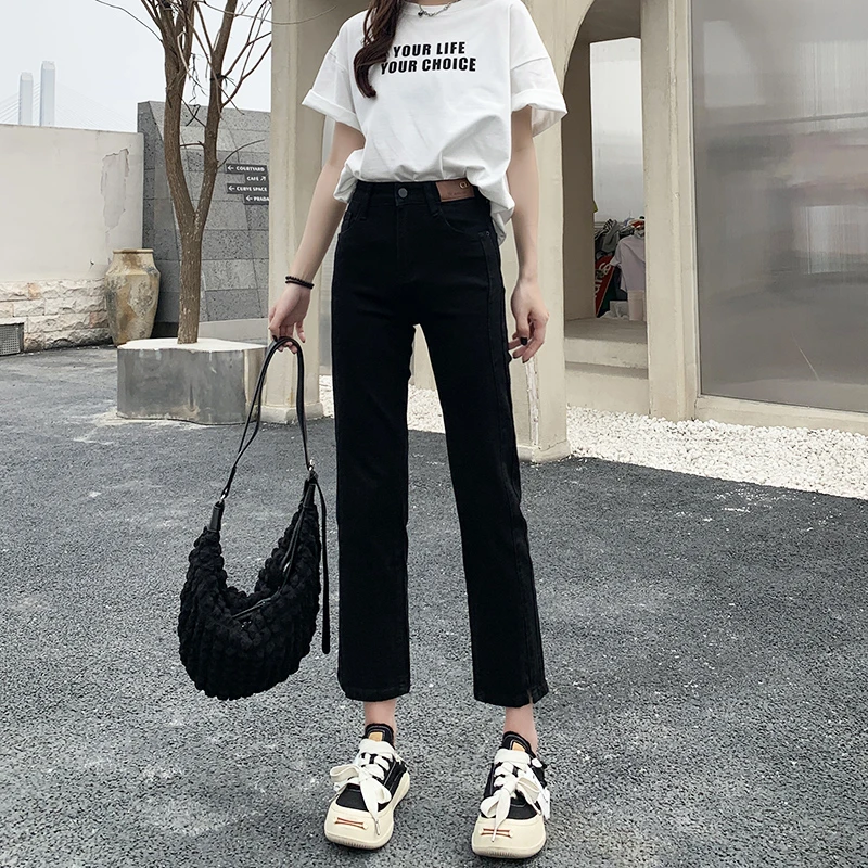 珊璞2024年秋季新款爆款高腰黑色开叉直筒牛仔裤女显瘦法棍烟管裤