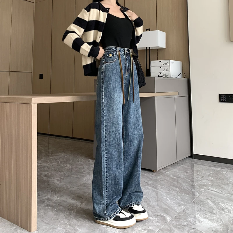 珊璞2024年春季新款抽绳阔腿牛仔裤女宽松显瘦小个子直筒拖地裤子