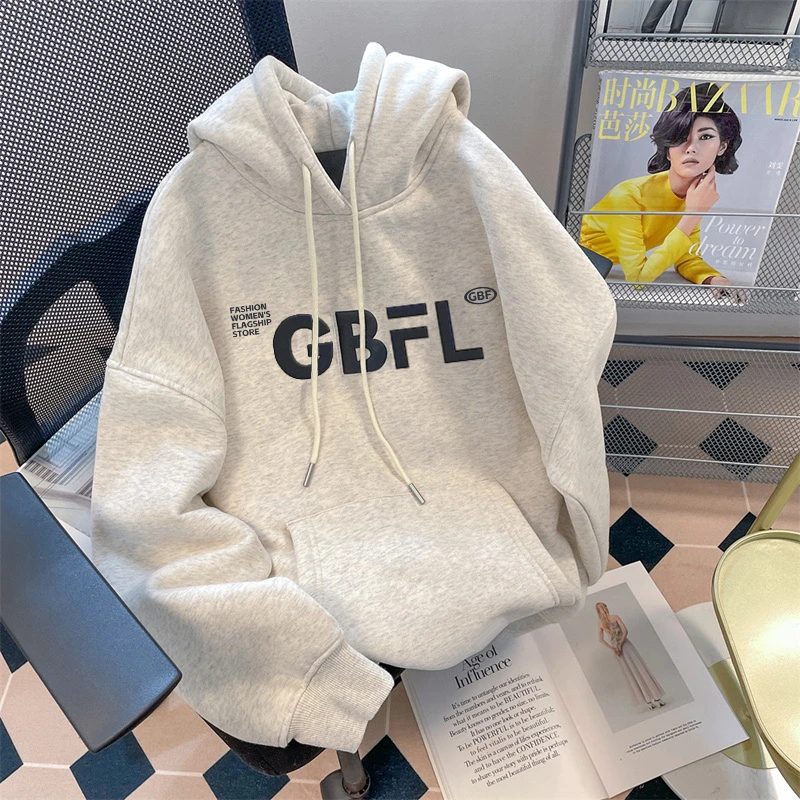 美式街头潮牌字母印花连帽卫衣男女秋冬2023新款加绒加厚保暖外套