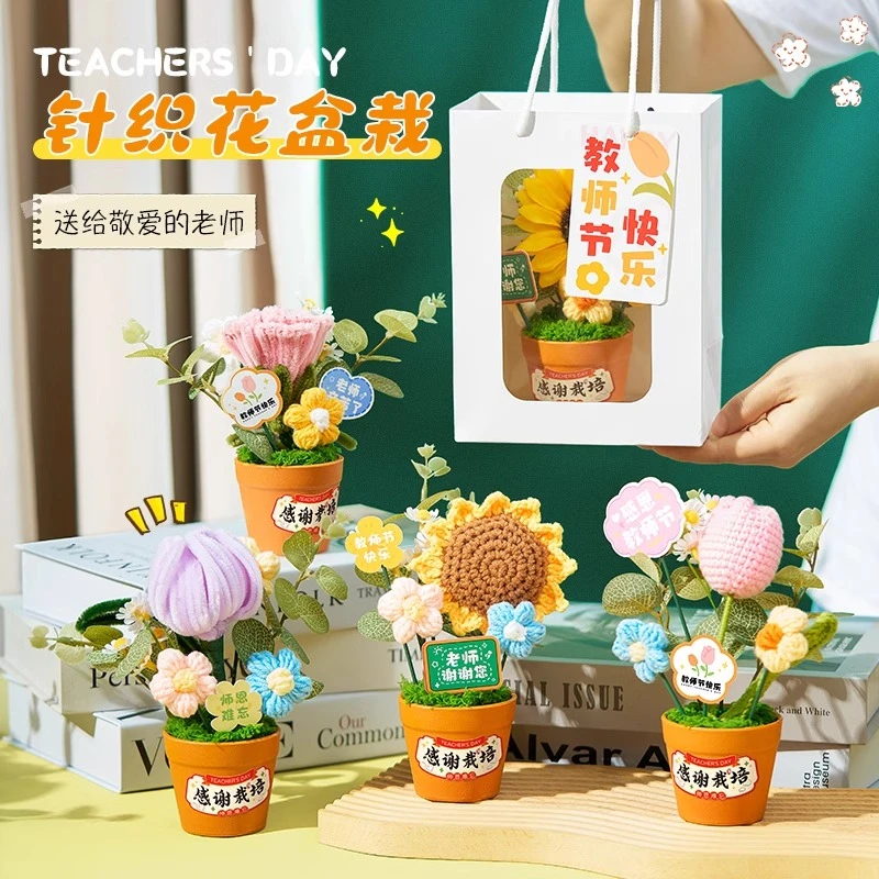教师节成品针织毛线盆栽花束礼物2024新款实用贺卡儿童送搭配高档