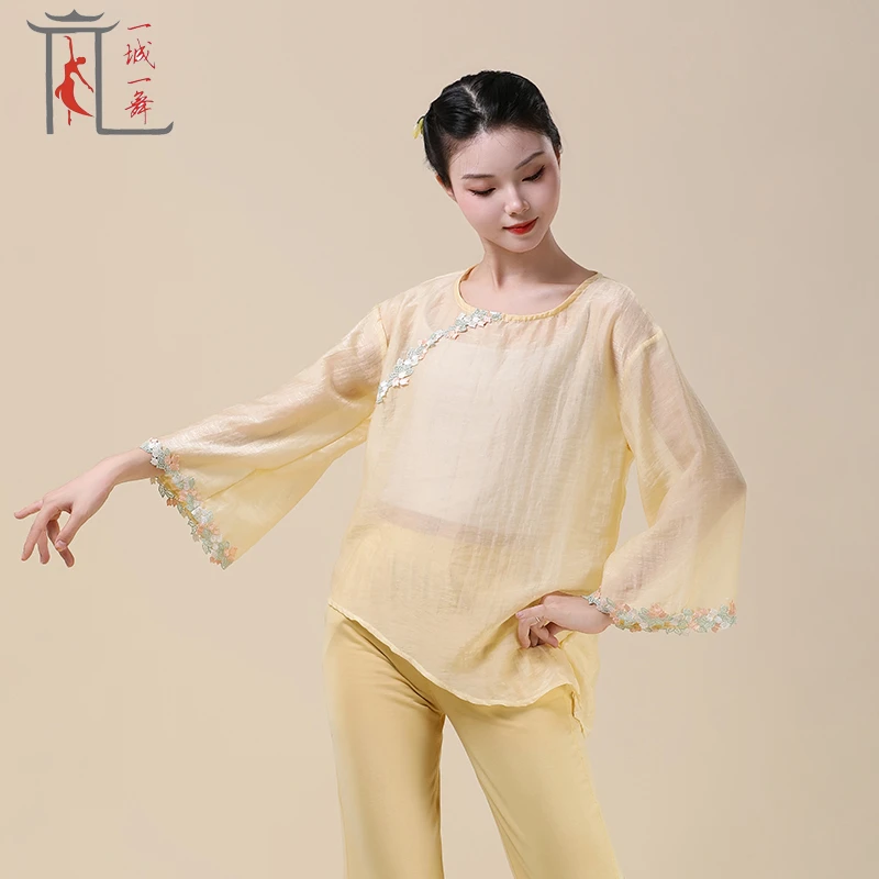 一城一舞新中式国风纱衣女飘逸花朵复古长袖上衣宽松仙气演出服装