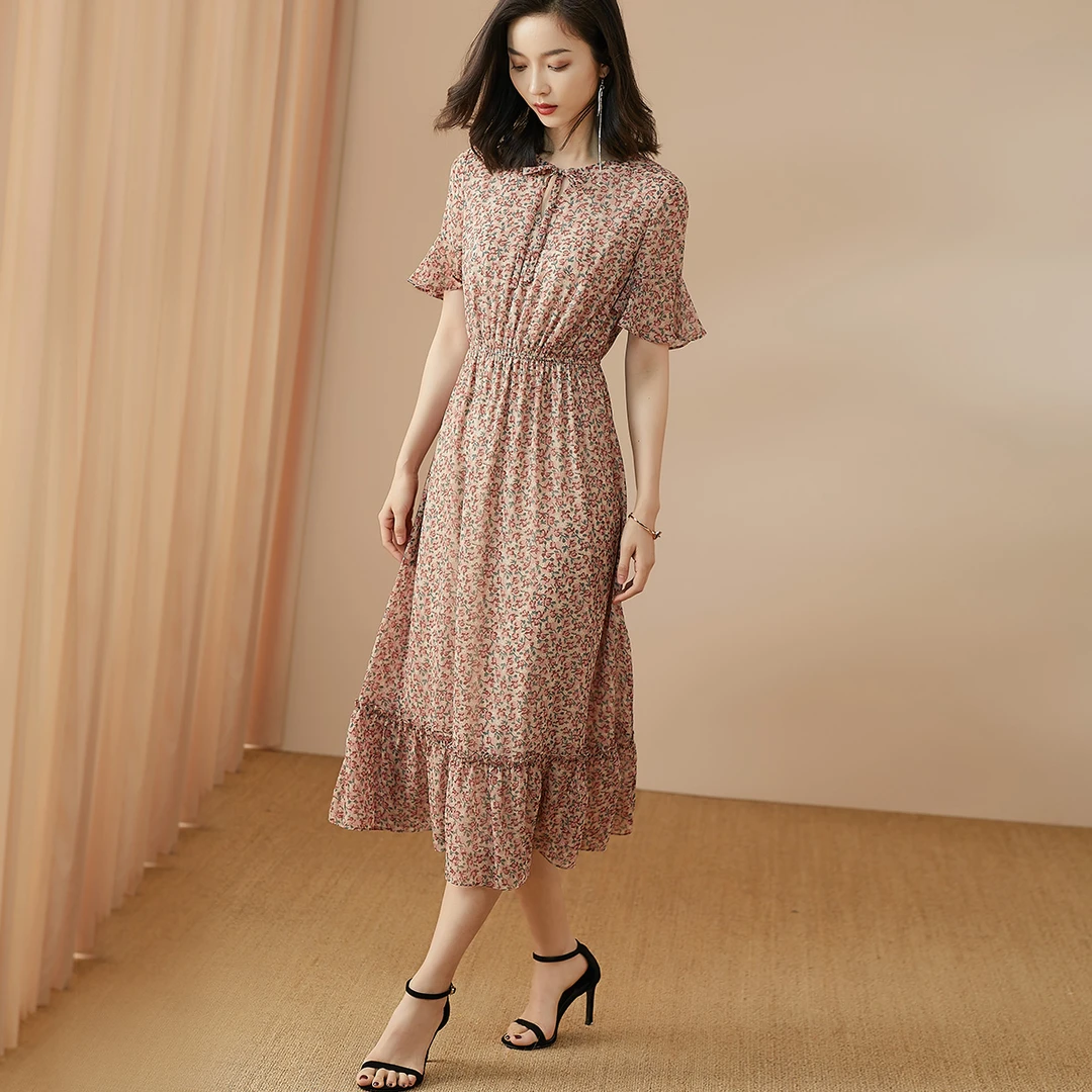 复古碎花裙气质系带修身显瘦荷叶袖连衣裙1D20BL2464