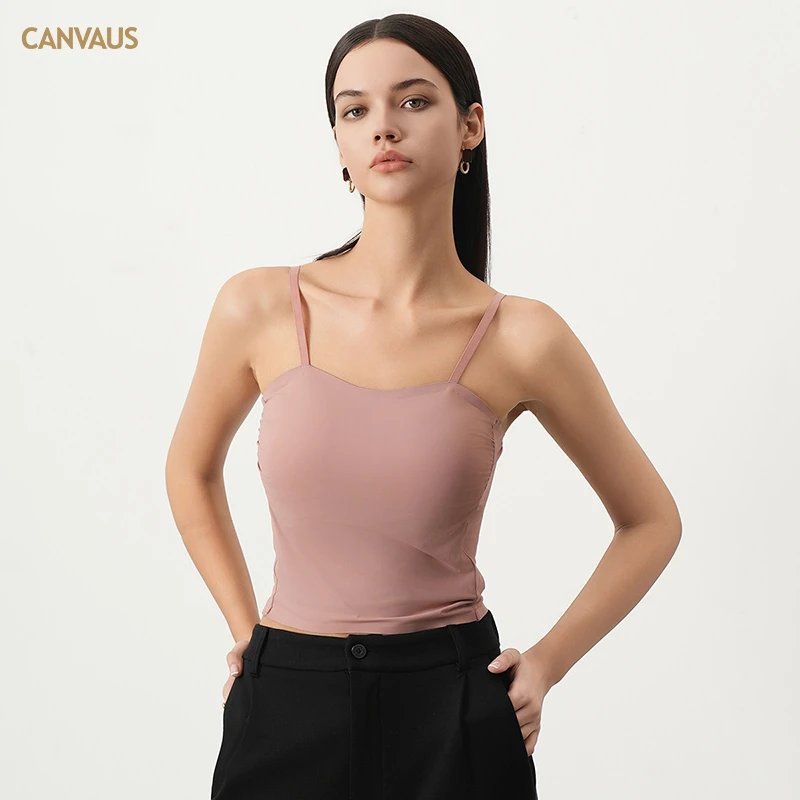 CANVAUS一字领吊带背心女露背漫画胸免内衣韩版短款修身褶皱上衣