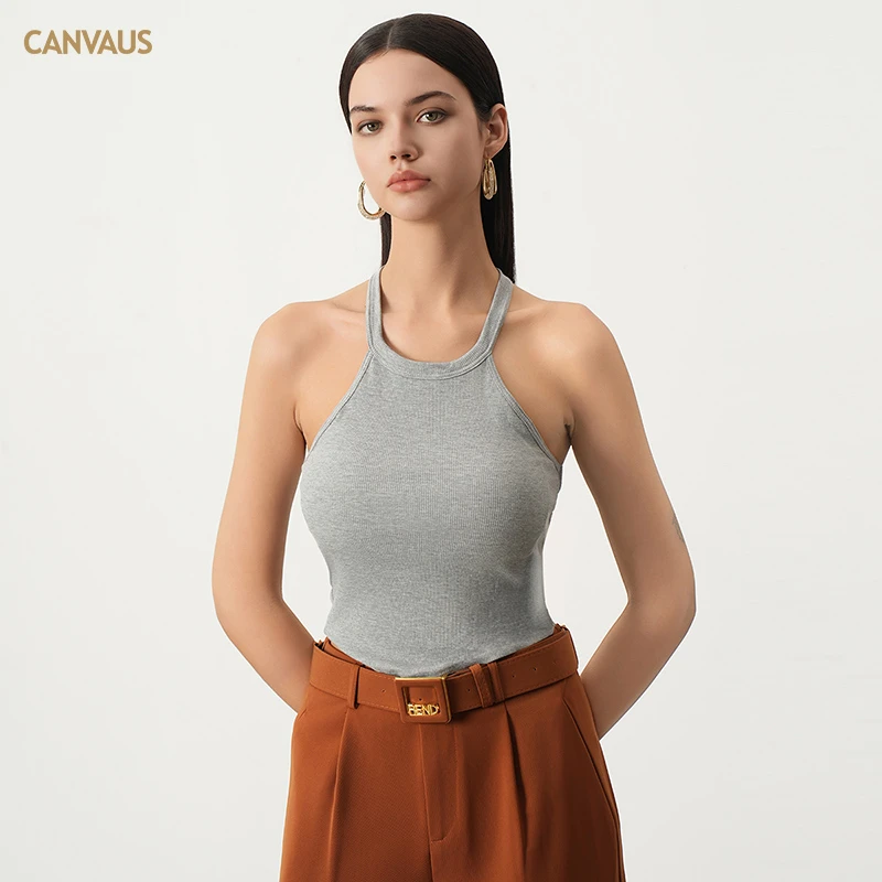 CANVAUS无袖挂脖吊带背心女带胸垫露背修身短款抹胸弧形下摆上衣