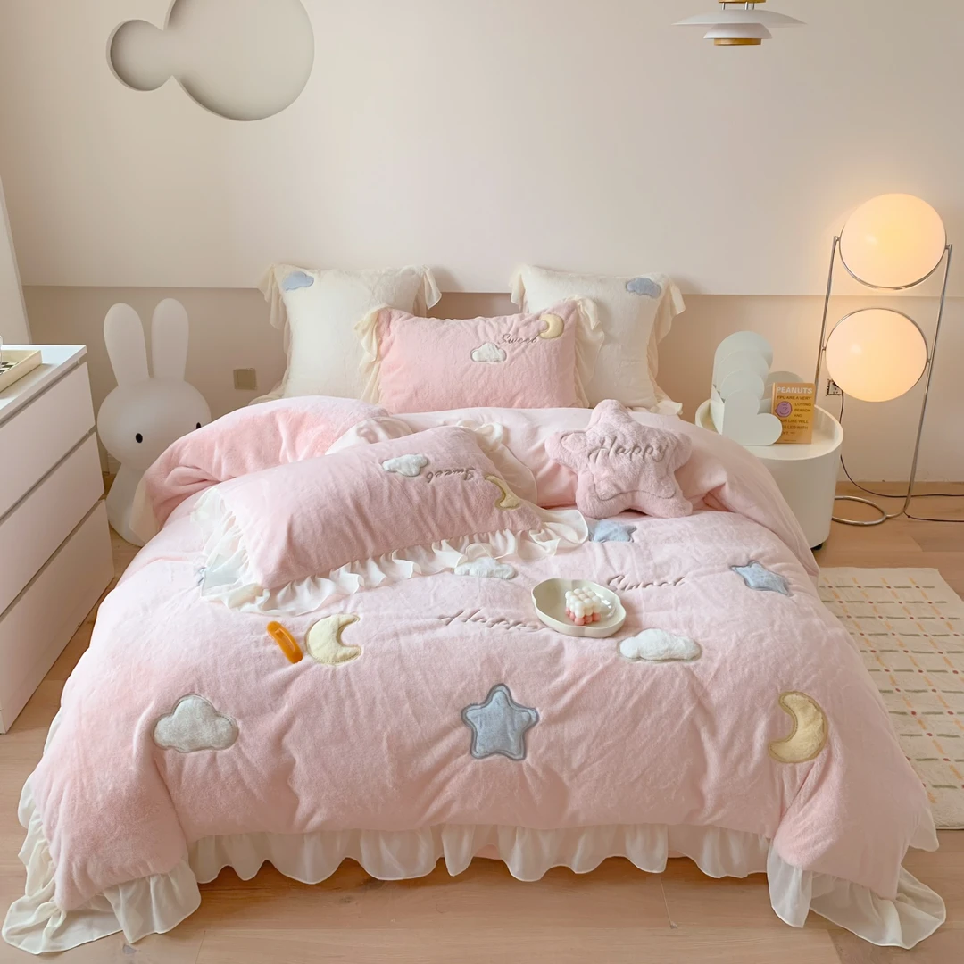 美宁家 星空 冬季新品兔毛牛奶绒四件套高克重刺绣雪纺荷叶边床品