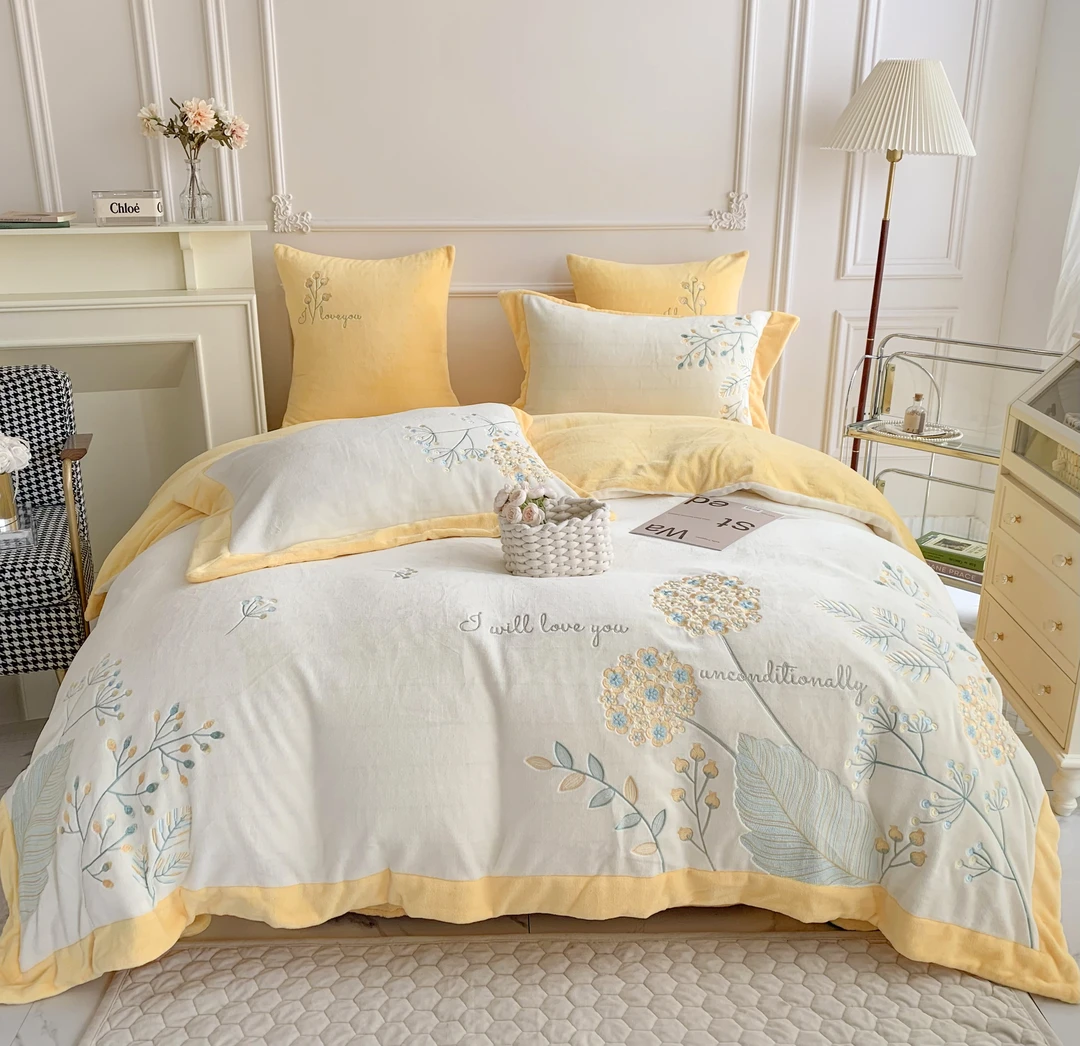 美如梦丨锦簇 冬款精致刺绣牛奶绒四件套高克重温馨床上用品