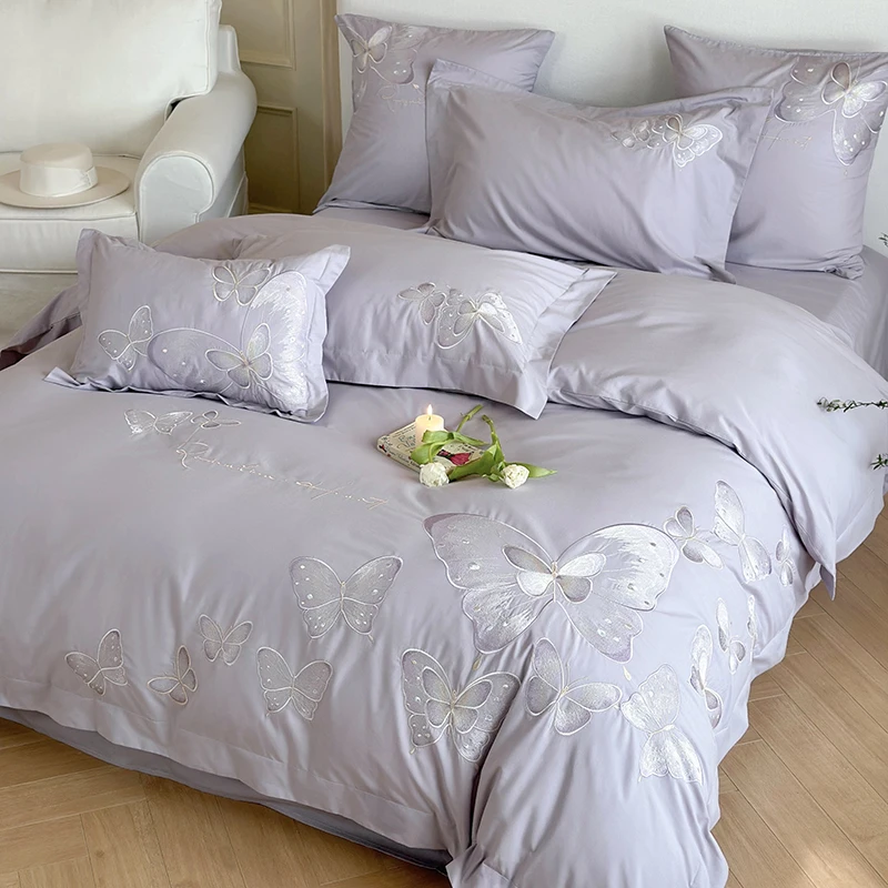 美如梦丨西莉亚 全棉色织水洗棉四件套精梳纯棉蝴蝶刺绣床上用品