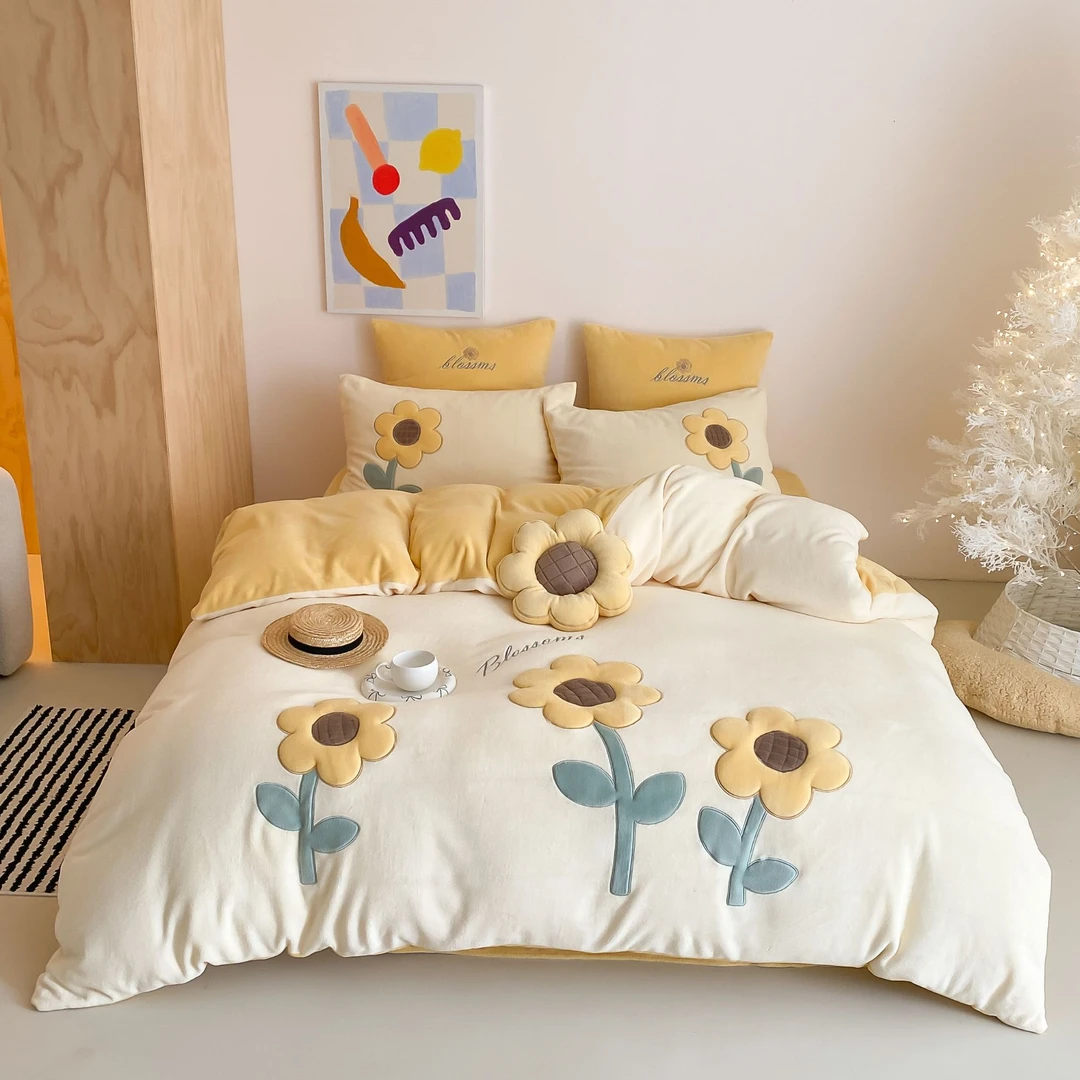 美如梦丨向日葵 高克重加厚牛奶绒三件套太阳花精致贴布绣四件套