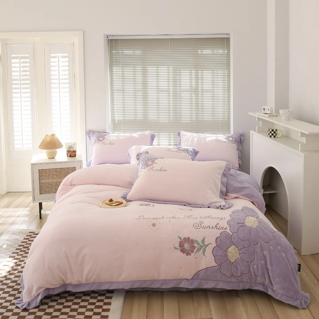 美如梦丨花韵紫 冬款精致刺绣牛奶绒四件套高克重温馨床上用品