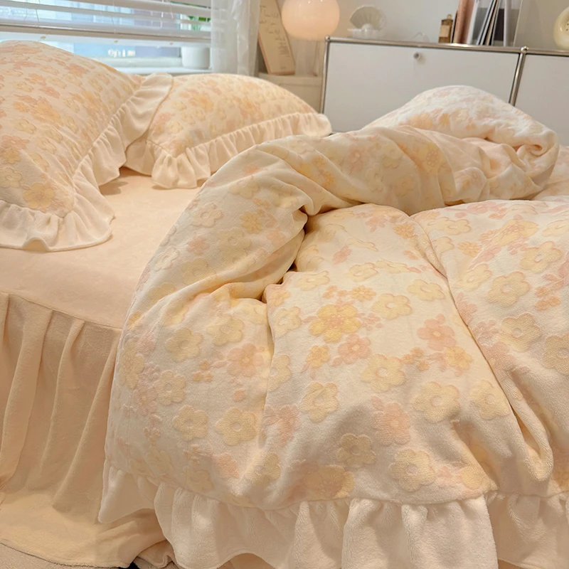 美如梦丨花季时光 冬季新款雕花牛奶绒四件套加厚保暖三件套床品