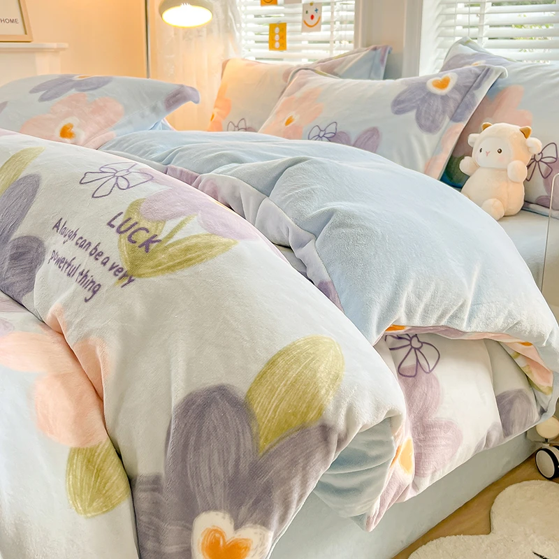 美宁家 夏花 新品牛奶绒四件套ins高克重印花三件套保暖床上用品