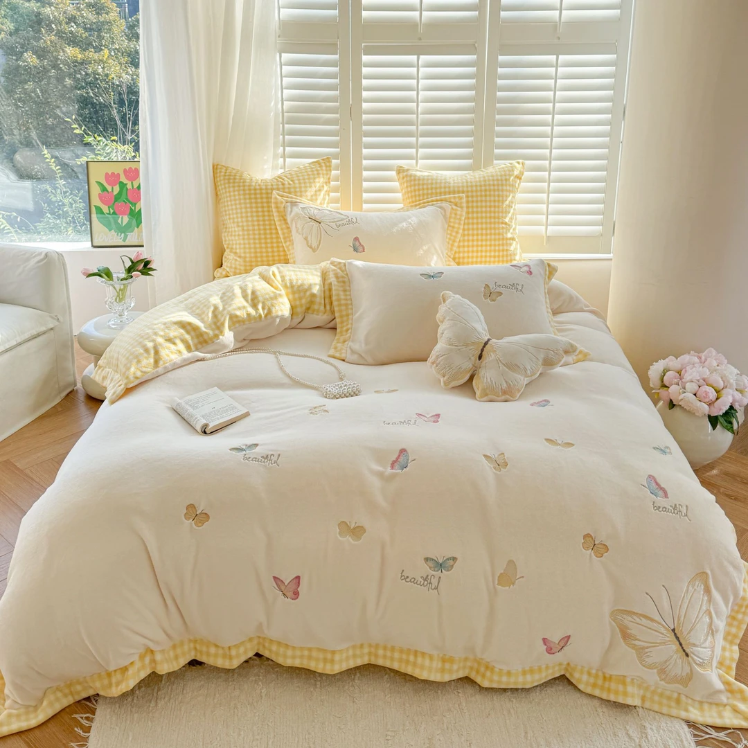 美如梦丨蝶语 高克重加厚牛奶绒四件套蝴蝶刺绣保暖三件套床品