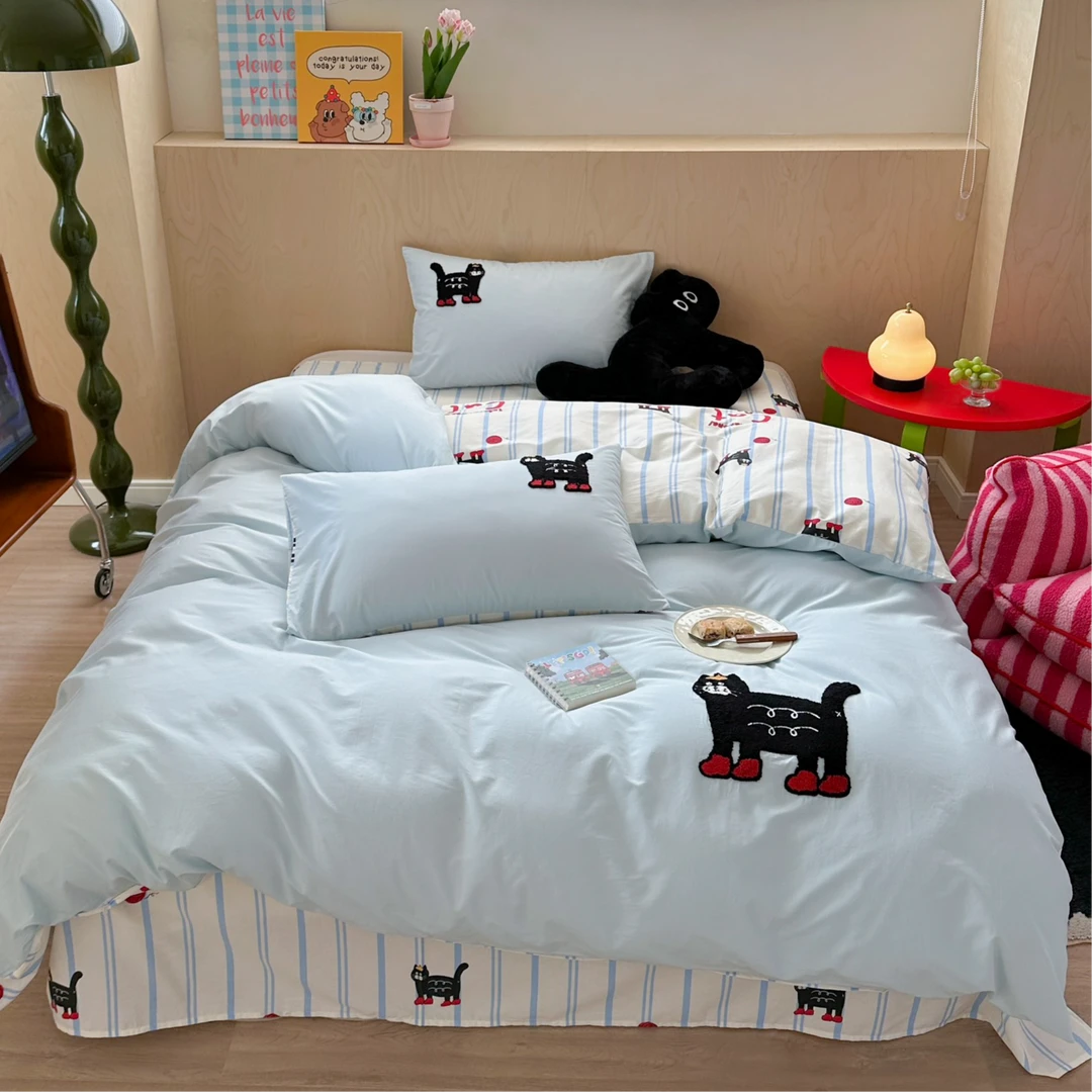 美如梦丨喵喵酱 全棉水洗棉四件套精致毛巾绣花三件套床上用品