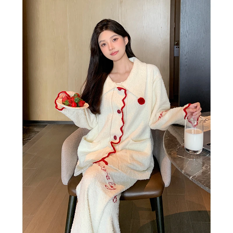 冬季新款女式软糯针织半边绒睡衣加厚开衫长裤家居服套装可外穿