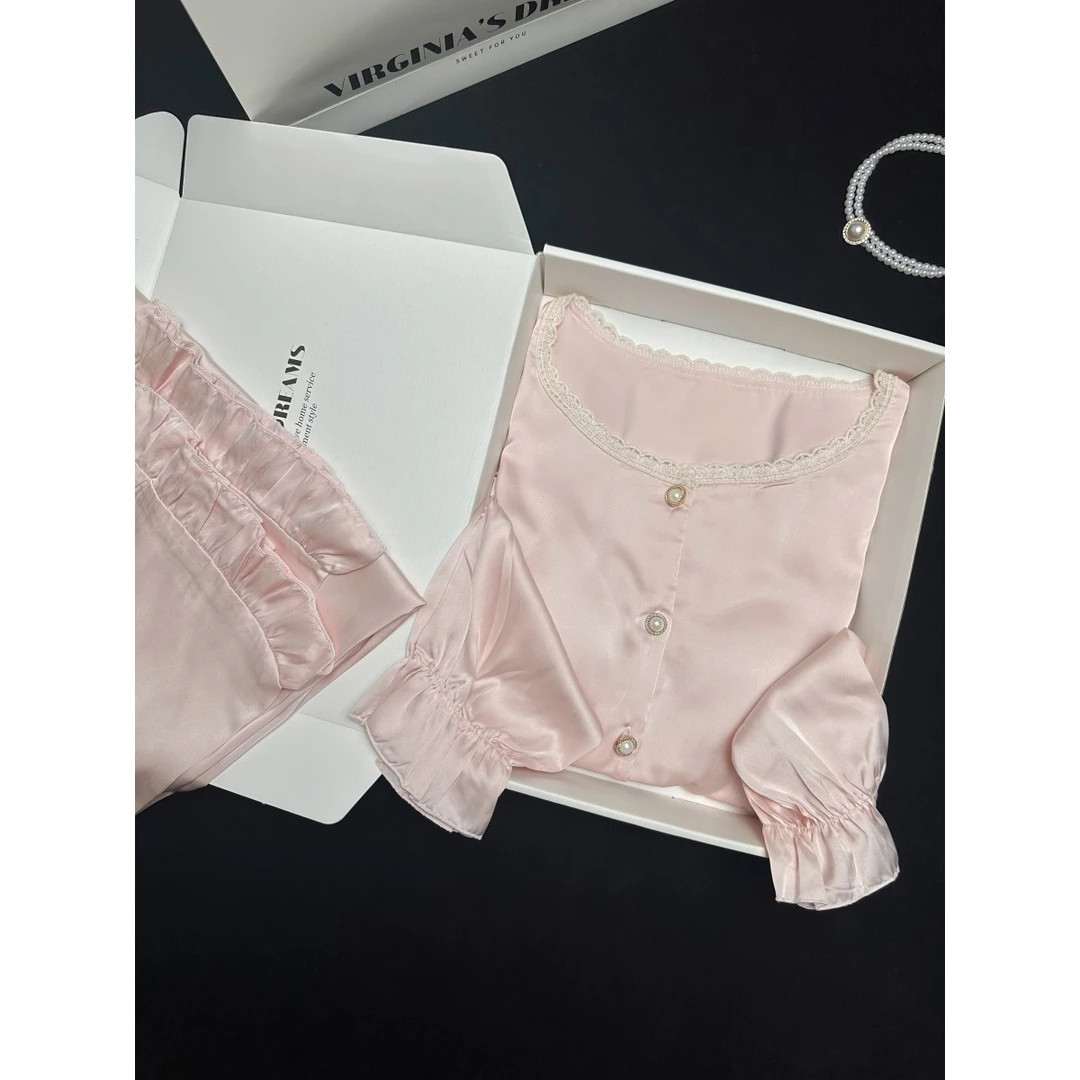 带胸垫的睡衣女士长袖长裤春秋新款2024高级感时尚洋气家居服套装