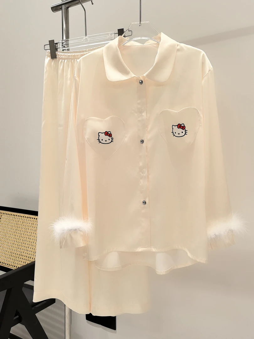 2024新款睡衣女冰丝春秋季爆款高级感洋气羽毛长袖长裤家居服套装