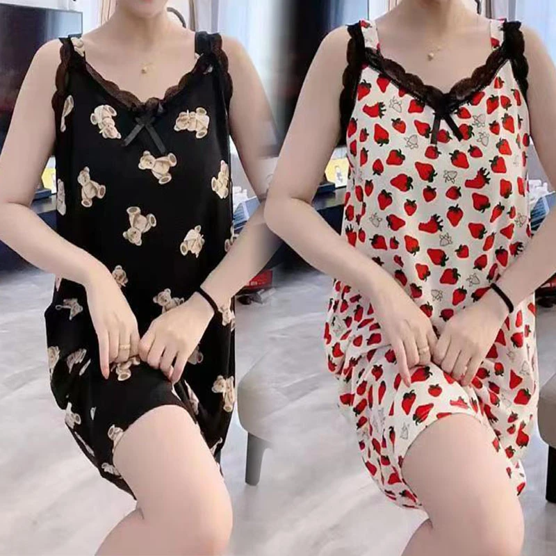 无袖新款吊带睡裙女薄款丝滑性感凉爽甜美印花可外穿中长款连衣裙