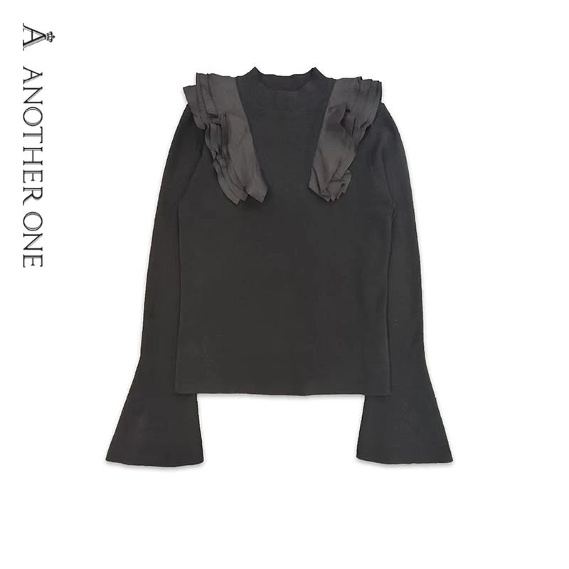 ANOTHER ONE法式荷叶边短款毛衣时尚气质喇叭袖别致上衣显瘦打底