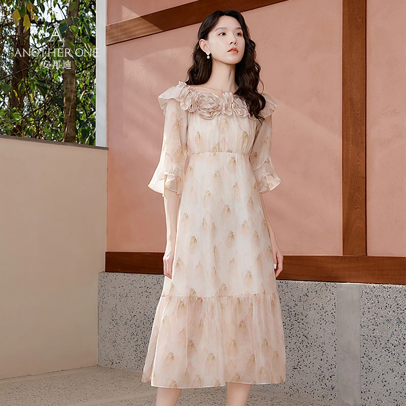 ANOTHER ONE安那迪安那迪一字肩连衣裙新款印花裙飘逸长裙#