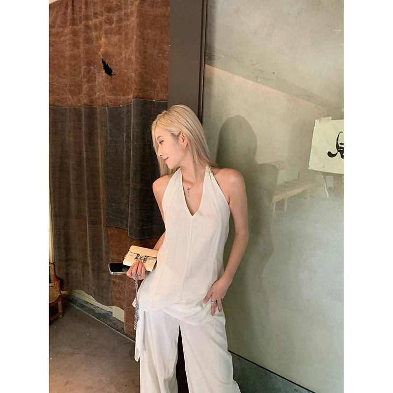 TA suki新款v领纯色燕麦色棉m挂脖斜下摆上衣