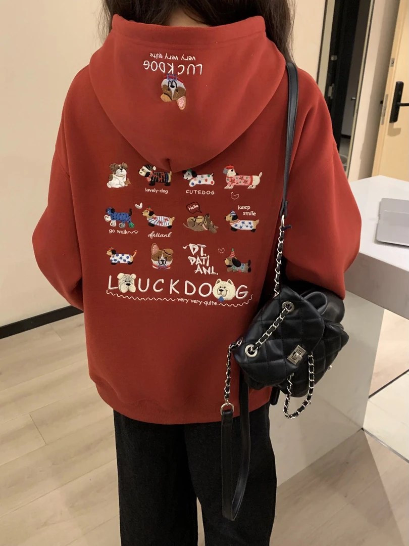 春款后背腊肠狗 休闲新款刺连帽绣宽松时尚潮流百搭减龄长袖卫衣