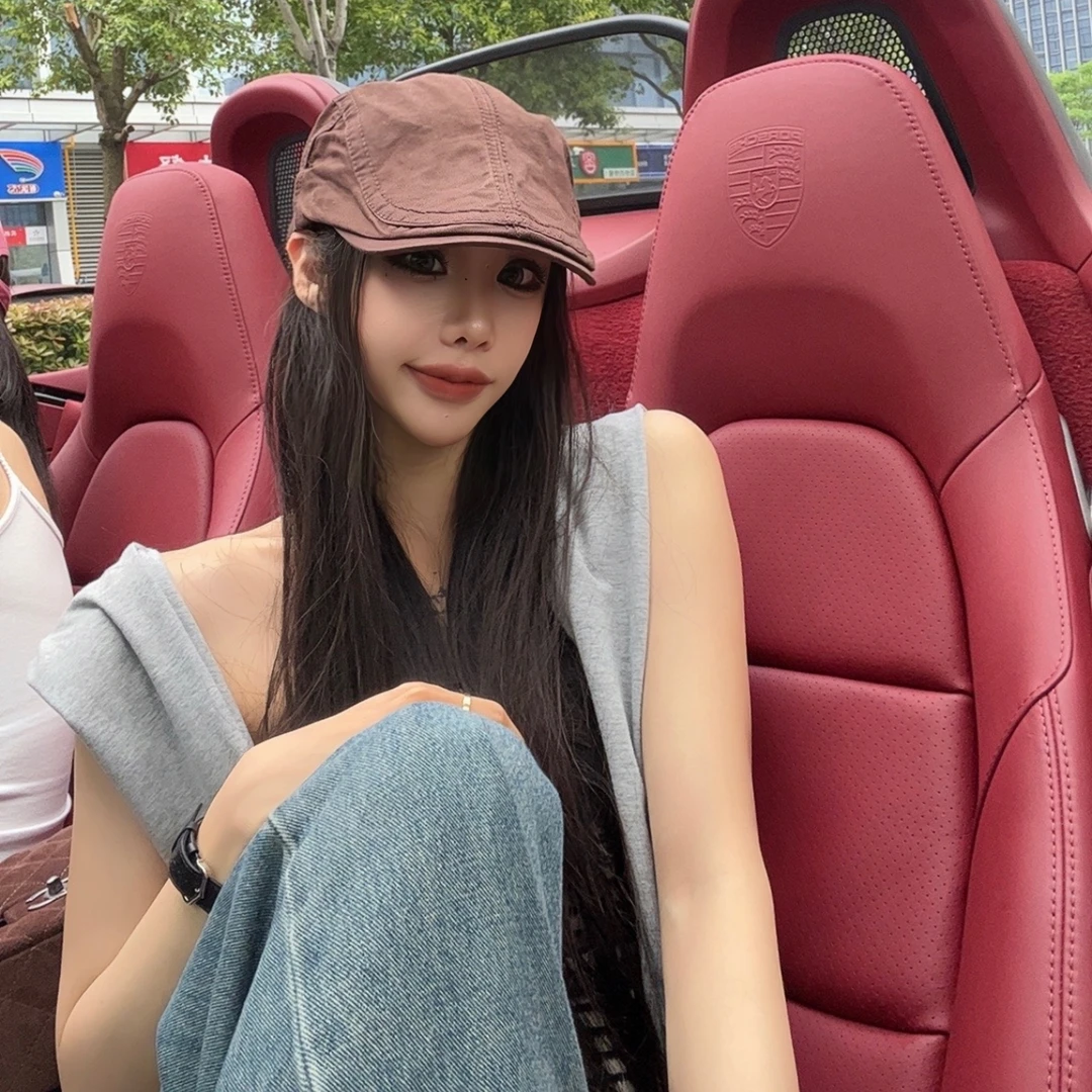 新款休闲网红英伦复古前进帽女大头围洋气正反两戴贝雷帽时尚潮帽