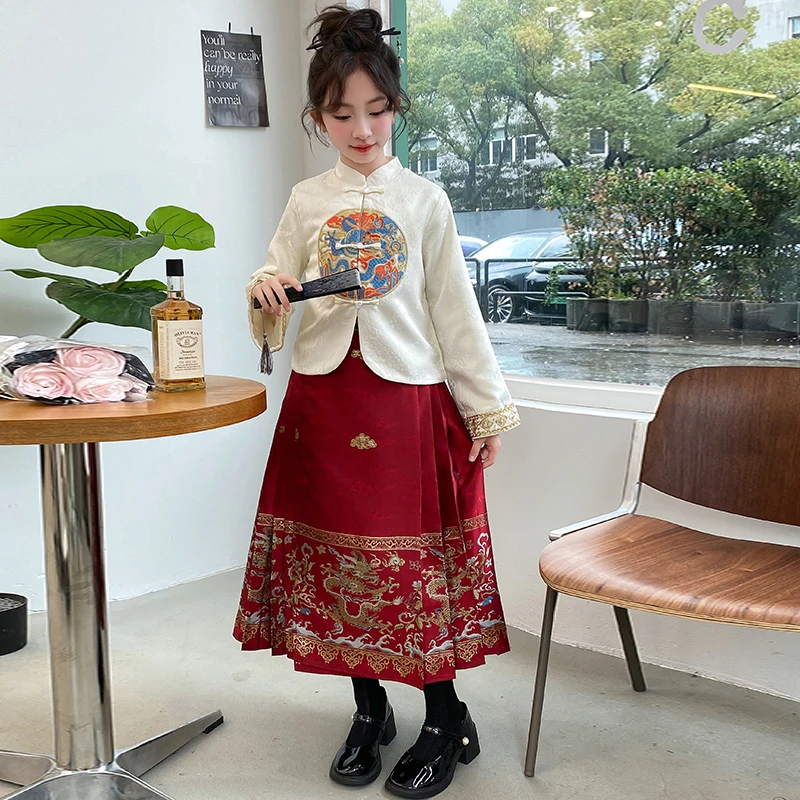 汉服春款女童2023新款明制马面裙套装中国风唐装大童拜年服春秋款