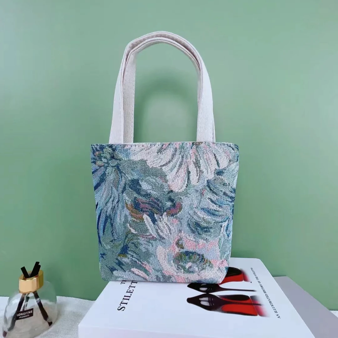 【双面】文艺莫奈花双面金色刺绣手提单肩背包夏季小清新上班日常