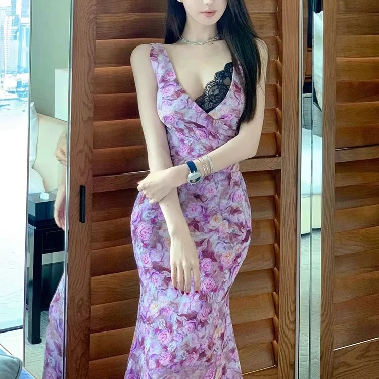 Chill巧儿人鱼腰普罗旺斯花海紫色性感修身连衣裙鱼尾连衣裙