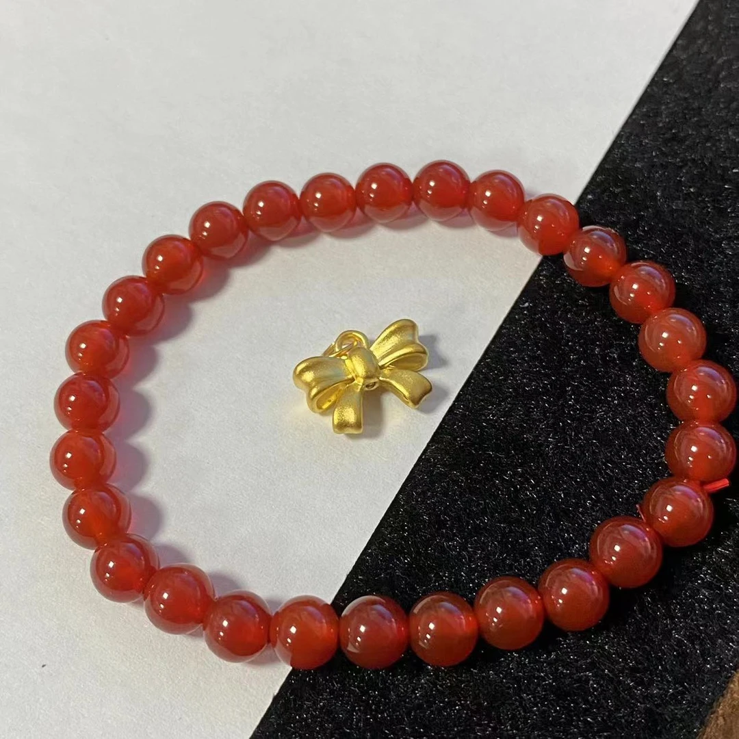 足金999在逃公主蝴蝶结吊坠搭红玛 瑙手串@@A380