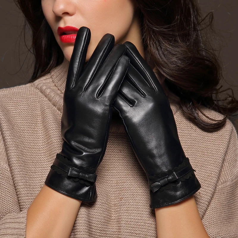 整皮裁剪女士冬季真皮手套触屏修手款蝴蝶结加绒户外保暖开车羊皮