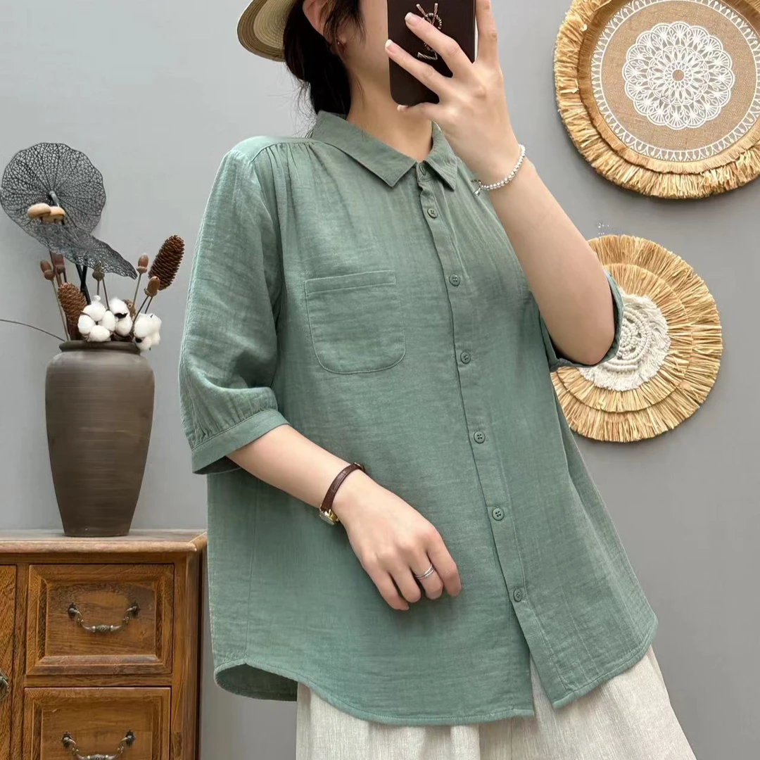 夏季短袖纯棉衬衫女休闲文艺百搭纯色翻领宽松中袖双层纱衬衣