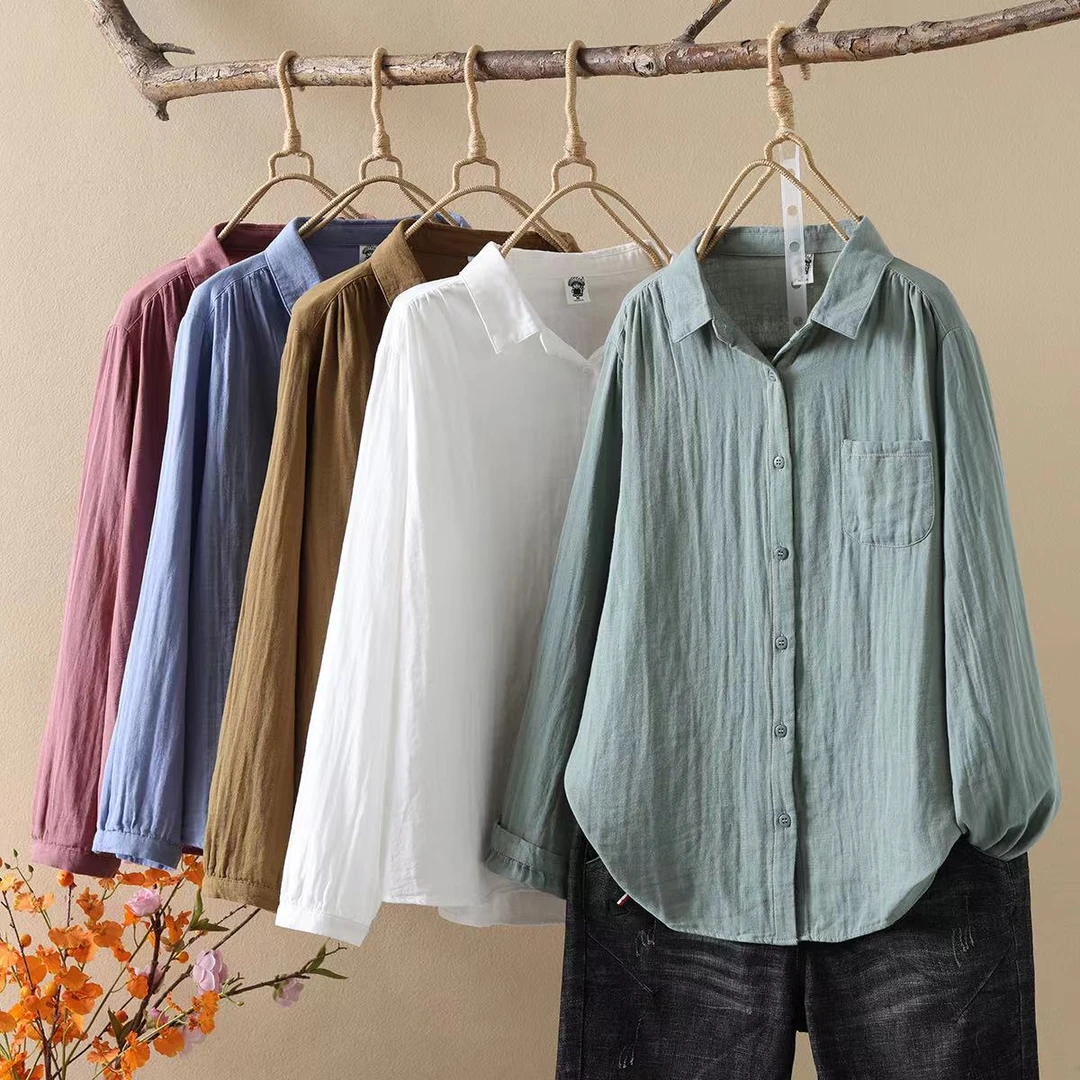 长袖纯棉衬衫女2025方领春秋简约文艺宽松显瘦双层棉纱衬衣女上衣